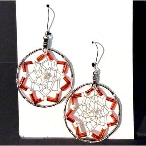 Handmade Dreamcatcher Hoop Earrings Amber Orange Beaded Silver Tone Boho Dangle